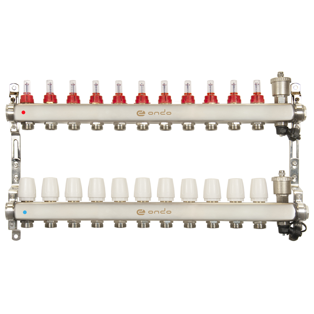 Коллекторная группа ONDO нерж сталь 11 вых. в сборе с автоматическим воздухоотводчиком, расходомера