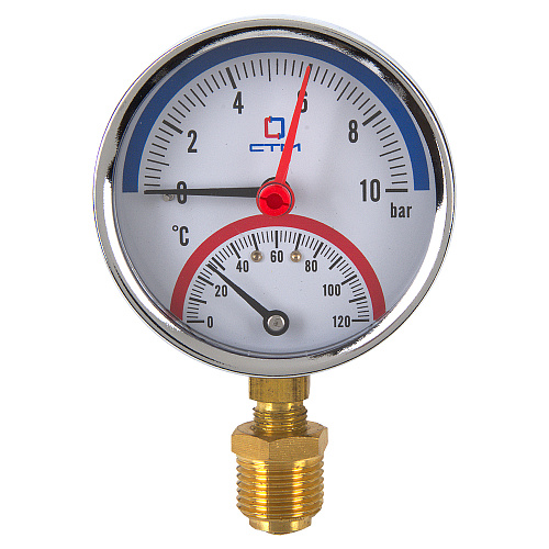 Термо-манометр радиального подключения 1/4" c переходником на 1/2'', измерение до 10 бар, до +120°С