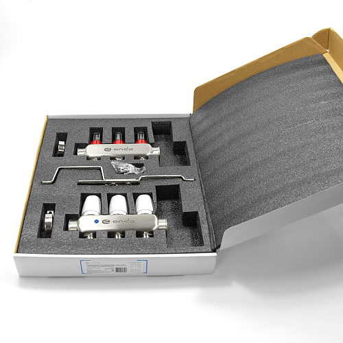 Коллекторная группа ONDO нерж сталь 3 вых. в сборе с расходомерами и термостатическими клапанами без сливных кранов и воздухоотводчиков Коллекторная группа ONDO нерж сталь 3 вых. в сборе с расходомерами и термостатическими клапанами без сливных кранов и воздухоотводчиков