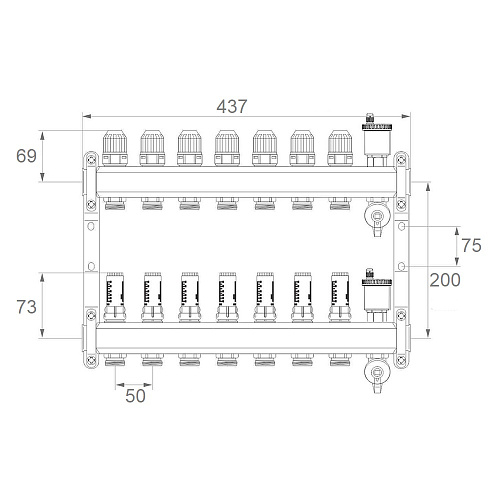Коллекторная группа ONDO нерж сталь 7 вых. в сборе с автоматическим воздухоотводчиком, расходомерам