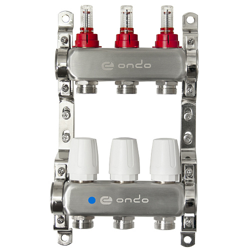 Коллекторная группа ONDO нерж сталь 3 вых. в сборе с расходомерами и термостатическими клапанами без сливных кранов и воздухоотводчиков Коллекторная группа ONDO нерж сталь 3 вых. в сборе с расходомерами и термостатическими клапанами без сливных кранов и воздухоотводчиков