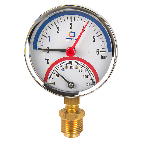 Термо-манометр радиального подключения 1/4"c переходником на 1/2'', измерение до 6 бар, до +120°С