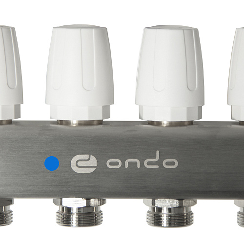 Коллекторная группа ONDO нерж сталь 4 вых. в сборе с расходомерами и термостатическими клапанами без сливных кранов и воздухоотводчиков