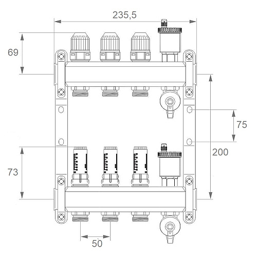 Коллекторная группа ONDO нерж сталь 3 вых. в сборе с автоматическим воздухоотводчиком, расходомерам