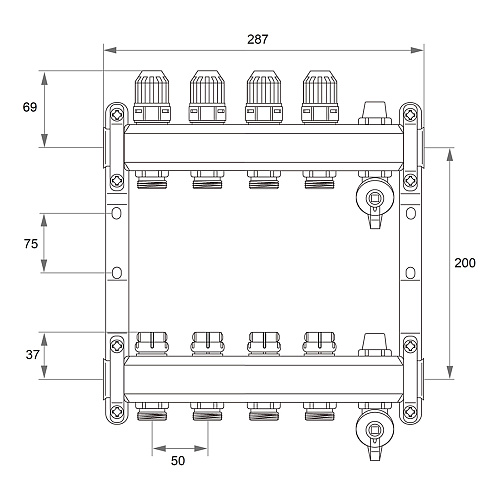 Коллекторная группа ONDO нерж сталь 4 вых. в сборе  с термостатическими и запорными клапанами