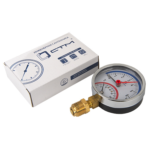 Термо-манометр радиального подключения 1/4"c переходником на 1/2'', измерение до 6 бар, до +120°С