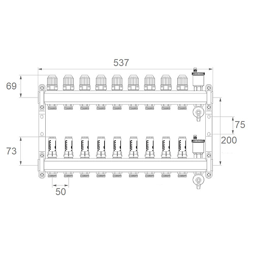 Коллекторная группа ONDO нерж сталь 9 вых. в сборе с автоматическим воздухоотводчиком, расходомерам