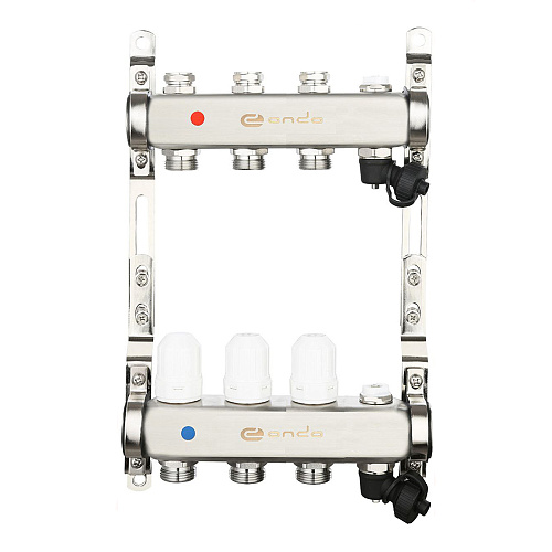 Коллекторная группа ONDO нерж сталь 3 вых. в сборе  с термостатическими и запорными клапанами