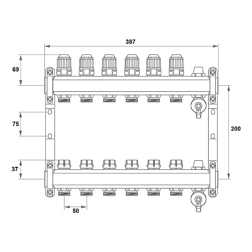 Коллекторная группа ONDO нерж сталь 6 вых. в сборе  с термостатическими и запорными клапанами