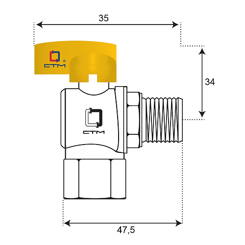 Кран шаровой для газа угловой 1/2" г/ш бабочка CTM ГАЗ